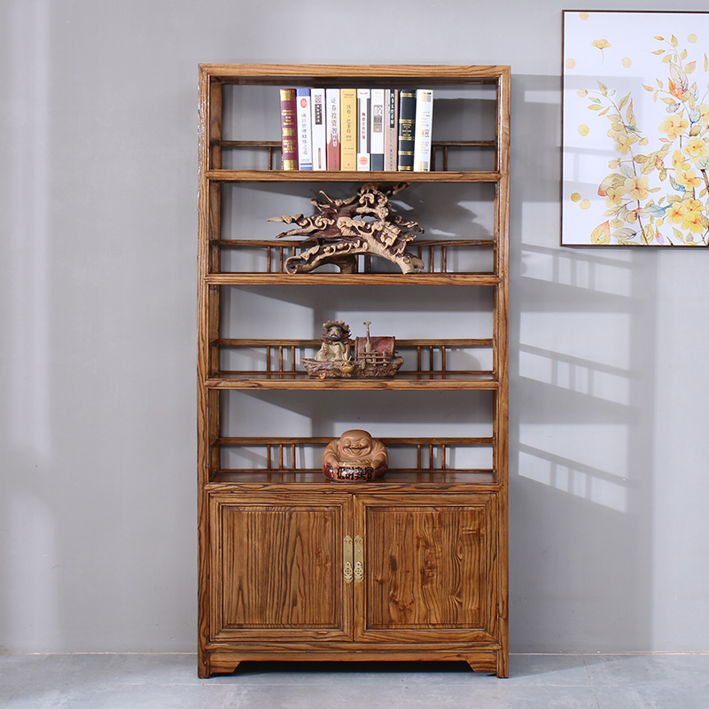 Old Elm Wood Bookcase Full Solid Wood 2 Doors Imitation Ancient Landing Furniture Students Chinese Bookcase Log Disposal Tea Racks