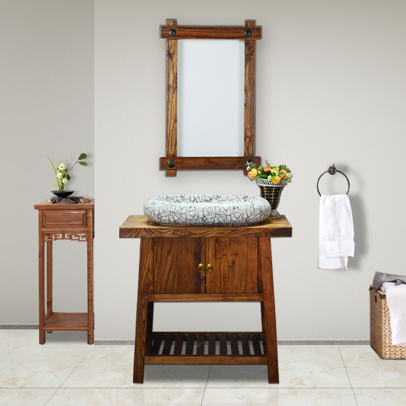 Imitation ancient Chinese bath room cabinet solid wood floor anti-water bath cabinet floor washing basin combination