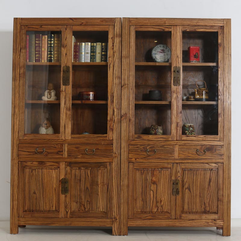 All solid wood bookcase combination Chinese furniture study bookshelf living room glass display cabinet retro elm storage cabinet