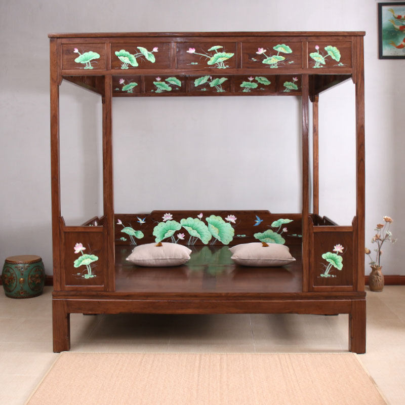 The old-fashioned step-up bed qiangong four-pillar depicts the lotus flower ancient bed shelf bed Ming and Qing dynasty classical antique Chinese elm eight steps