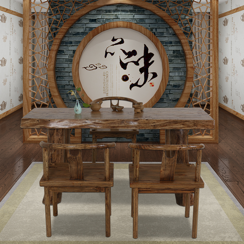 Hot pin original eco-unique plate Gongfu tea table and chairs combined solid wood imitation ancient tea table log modern Chinese furniture