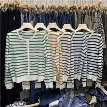 South Korean miluroom round collar single row buttoned striped stitch sweatshirt woman fall Korean version loose small cardiovert long sleeve blouse