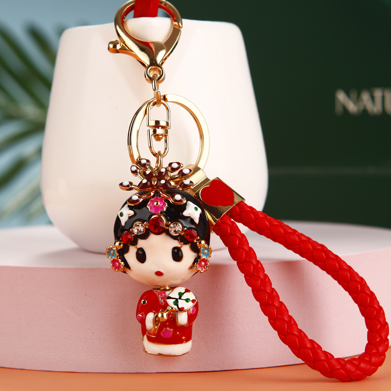 Chinese Style Rhinestone Flower Girl Car Keychain for Women, Korean Creative Cute Bag Pendant, Couple Keychain Ring