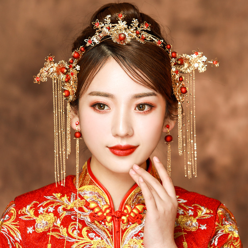 Chinese bridal headwear golden show with golden show and costume headwear dragon and crested crested crested Fengguan stream Su Step Wedding Wedding accessories