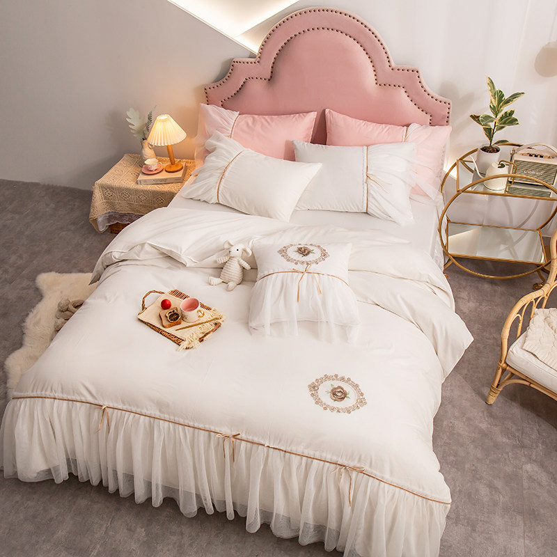 European-style simple cotton bed skirt four-piece solid color cotton bedspread set quilt cover bedding princess style