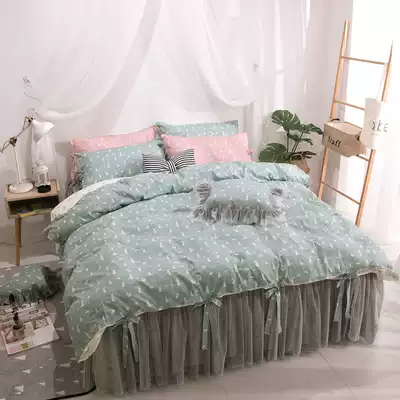 Small floral cotton bed skirt four-piece retro strap design cotton bedspread new lace