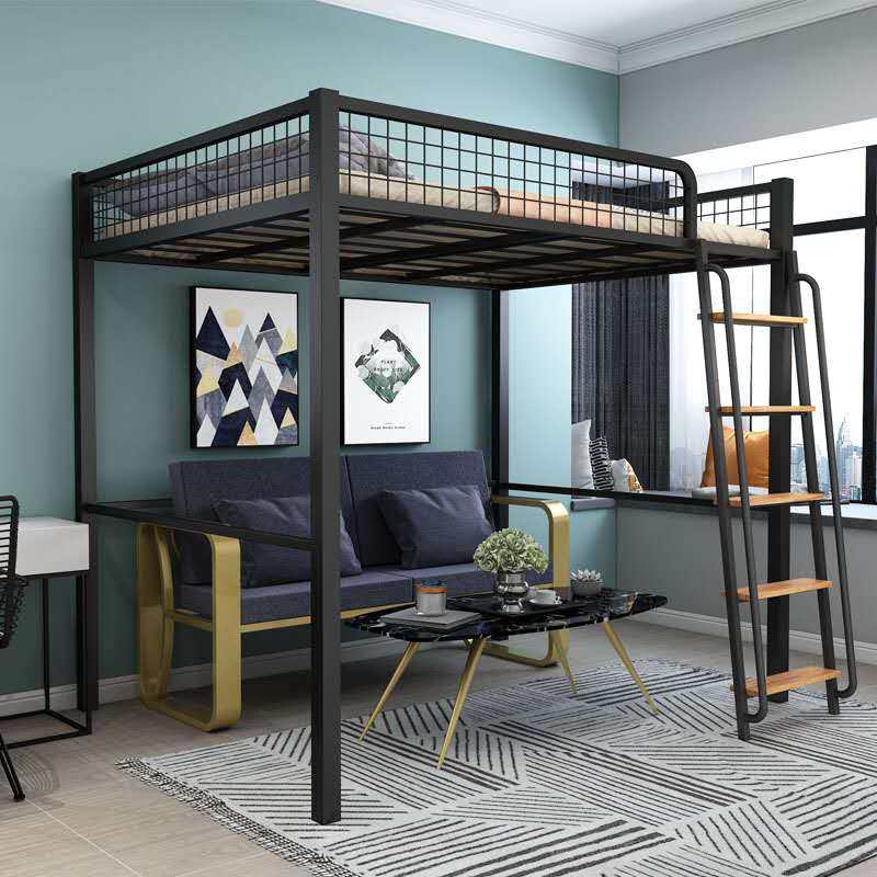 Nordic Wrought iron upper bed Lower table Small apartment High and low bed Space-saving loft bed Simple modern iron frame bed Elevated bed