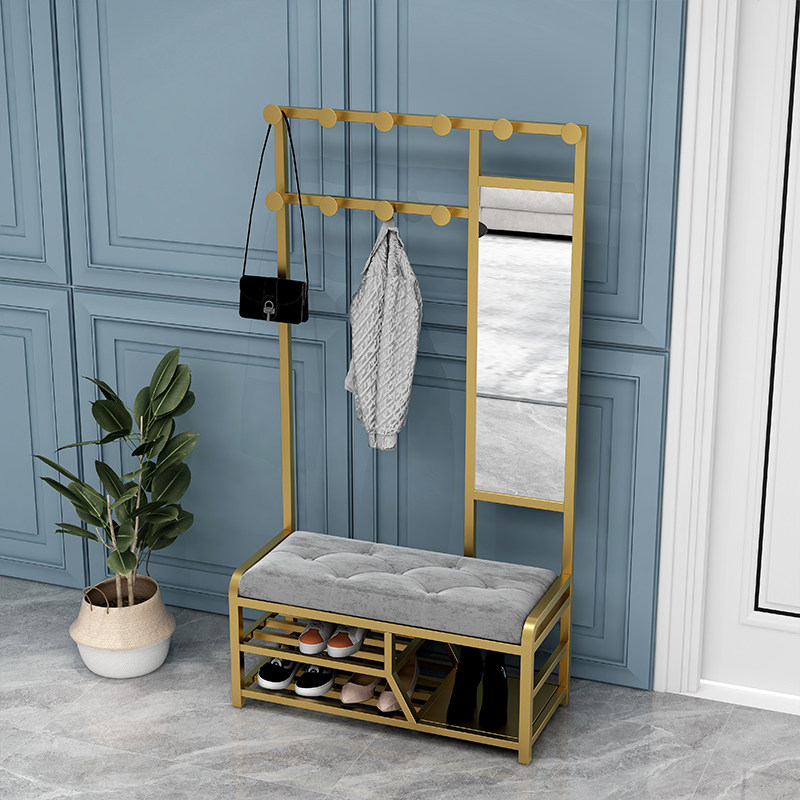 Nordic Iron Shoe Changing Stool Hanging Hanger Entrance Combination Multifunctional Coat Rack One with Mirror Simple Shoe Changing Stool