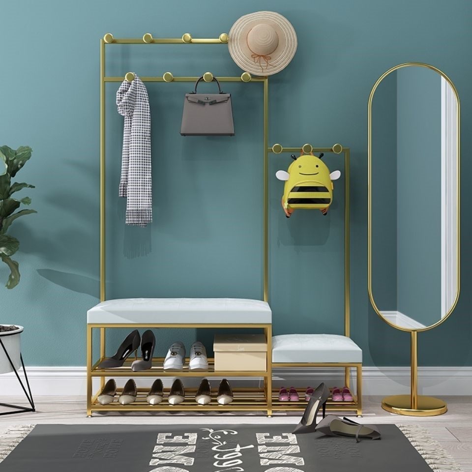 Nordic simple wrought iron parent-child coat rack shoe changing stool light luxury home entry shoe changing stool hanging clothes rack child mother one