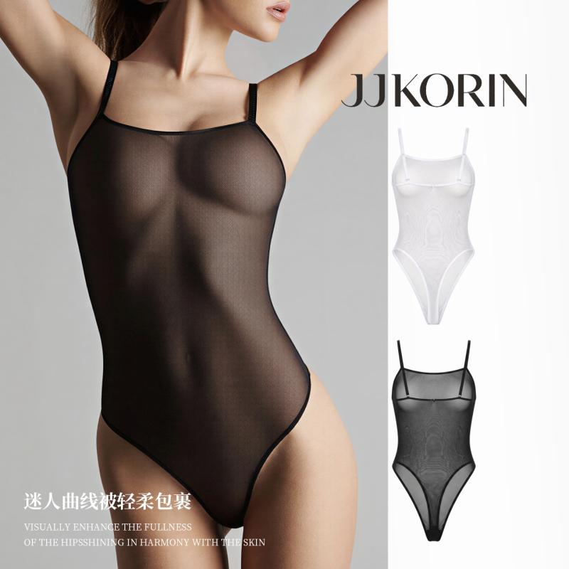 Two-Piece Black Mesh Tight-Fitting Thong Bodysuit, Sexy Backless Hot Girl Niche Design Pure Desire Top