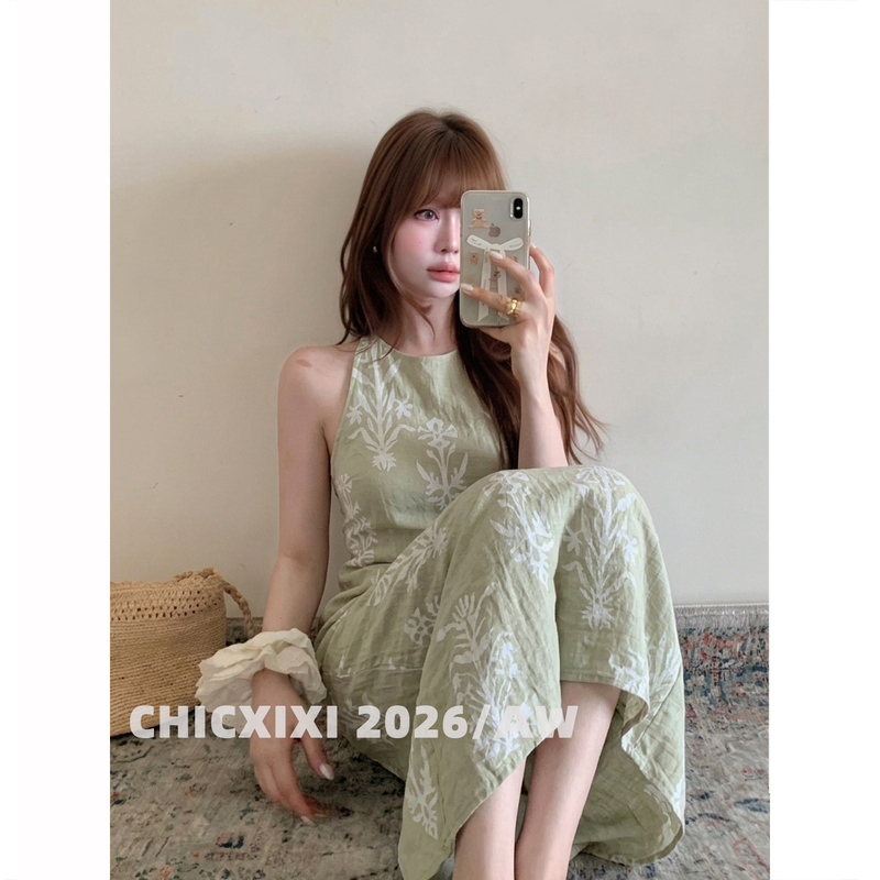 Chicxixi 2026/Aw【Perfume Rose】Retro High-End Printed Halterneck Dress Holiday Maxi Dress