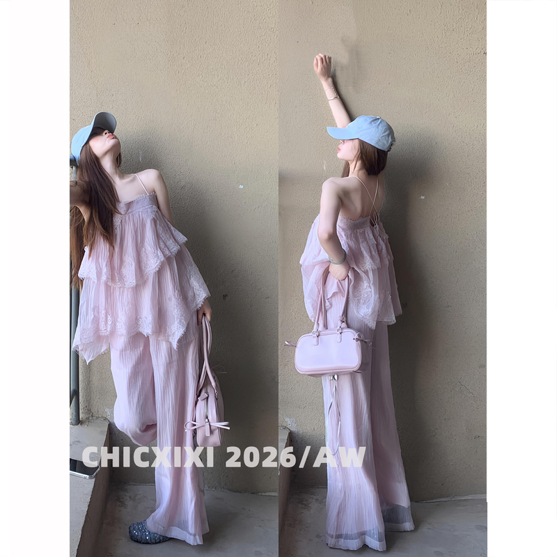 Chicxixi 2026/Aw Multi-Layered Textured Heavy-Duty Pink Lace Trim Suspender Wide-Leg Pants Two-Piece Set Chicxixi 2026/Aw Multi-Layered Textured Heavy-Duty Pink Lace Trim Suspender Wide-Leg Pants Two-Piece Set