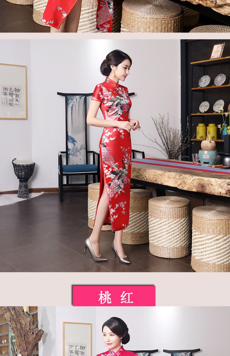 Sườn xám 2019 mới cho mẹ đầm mùa hè size lớn được cải tiến dài tay ngắn chia đôi trang phục sân khấu retro váy đầm cho người 60 tuổi