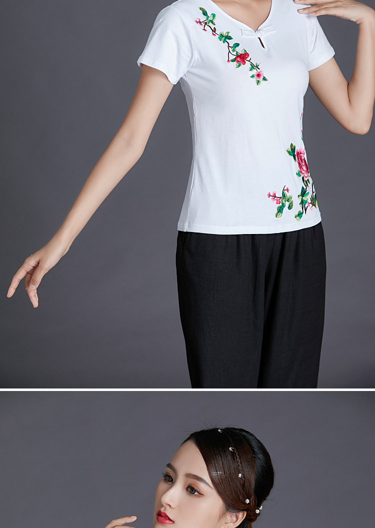 Áo phông nữ quốc gia 95 cotton mùa hè thêu tay ngắn thon gọn áo thun nữ cỡ lớn áo sơ mi thêu phong cách Trung Quốc - Áo phông áo phông trắng