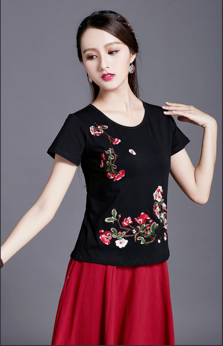 Áo sơ mi nữ dân tộc 2019 phong cách hè mới phong cách Trung Quốc thêu áo thun ngắn tay nữ size lớn tự trồng áo sơ mi đáy - Áo phông áo thun adidas nữ