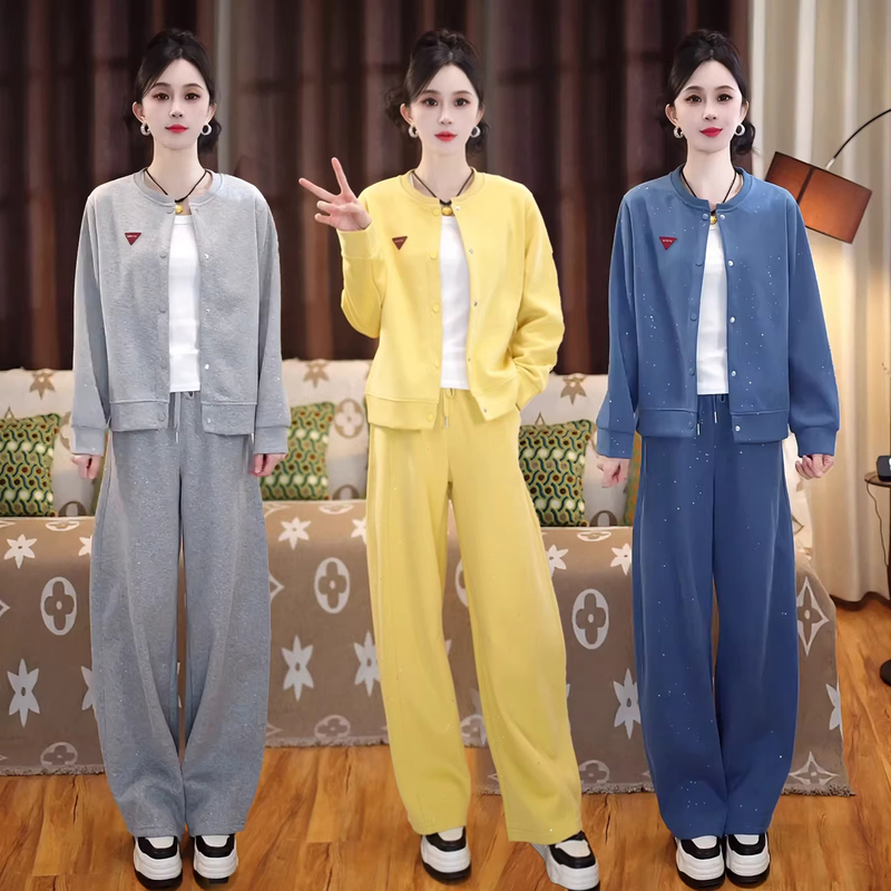 Fashionable Casual Suit for Women, New Spring Style, Stylish and Slimming, Round Neck Cardigan Jacket, Wide-Leg Pants, Sportswear Two-Piece Set