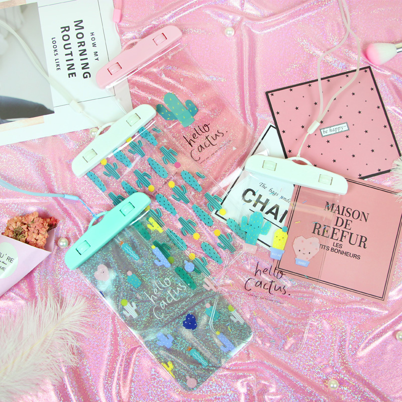 Net Red Ins Cartoon Teenage Girl Mobile Phone Waterproof Bag Day Series Fresh Summer Cactus Hanging Rope Swimming Soak Spa Bag