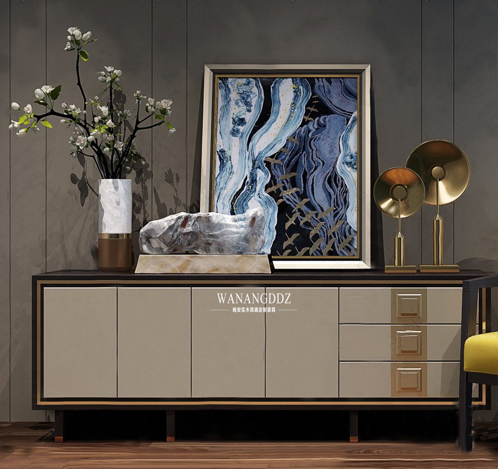 American Neoclassical Light Luxury TV Cabinet After Modern Simple Living Room Champagne Gold Decoration Cabinet Designer Xuanshut Cabinet