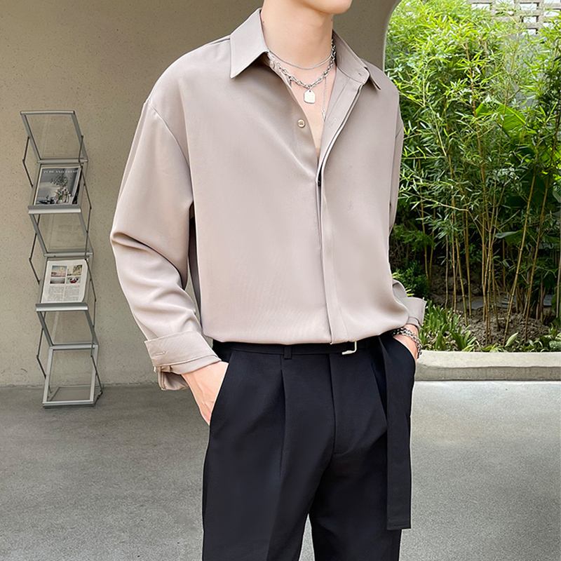 ins Mature Style White Button-Down Shirt for Men, High-End Loose Long-Sleeve Spring and Autumn Thin Shirt with Drapey Ice Silk Texture