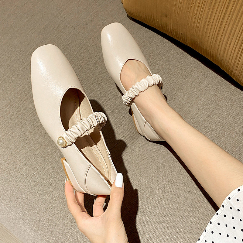 Flat shoes women's 2021 spring and summer new all-match fairy style grandma shoes soft leather middle heel loafers Mary Jane shoes