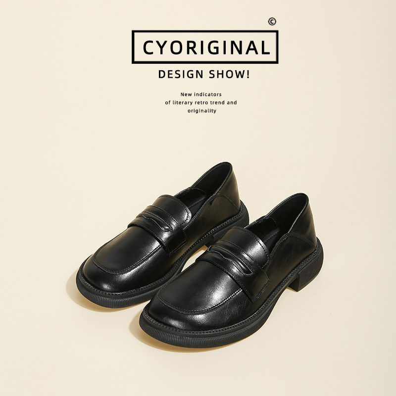 Leather black small leather shoes women's 2021 spring and autumn new thick heel one pedal British style college style Lok Fu shoes
