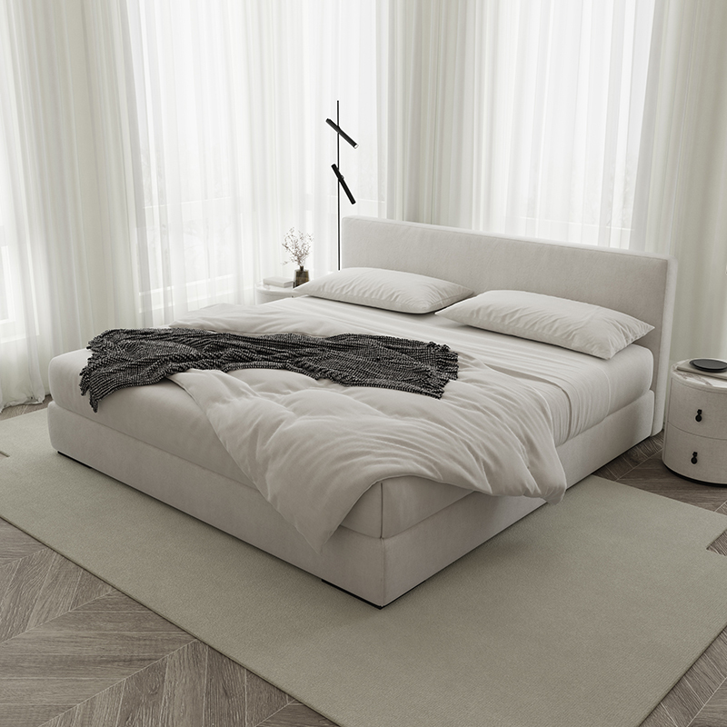 Wabi-Sabi Style Light Cream-Colored Fabric Bed with Solid Beech Wood, Small Apartment, Full-Size Storage Bed, Fabric Bed, Double Bed