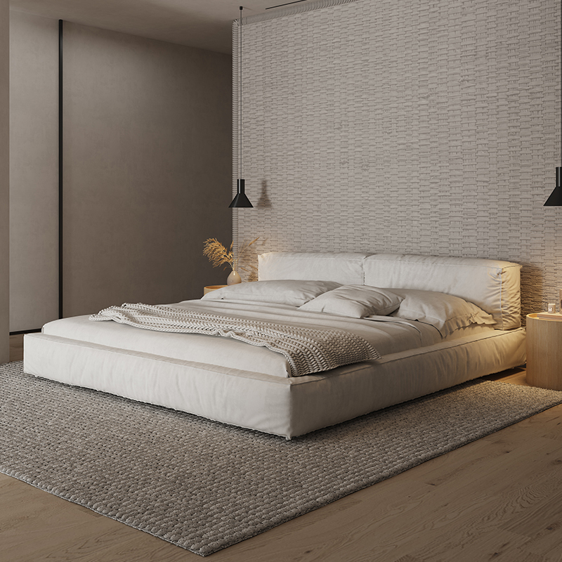 Wabi-Sabi Fabric Double Bed with Storage Box, Fabric Bed, Beech Wood Bed Frame, Nordic Light Luxury Simple Solid Wood Bed, Fabric Bed