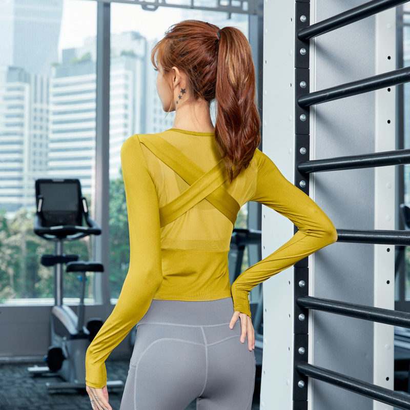 Professional Fitness Long Sleeve Woman Tight Mesh Yarn Sexy Beauty Back Cross Yoga Suit Jacket Elastic Speed Dry Sports T-shirt
