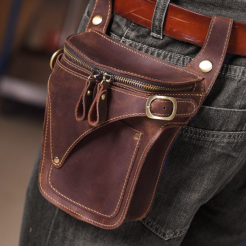 Madden Men's Genuine Leather Waist Bag, Vintage Crazy Horse Leather Harley Motorcycle Rider Leg Bag, Motorcycle Bag, Cowhide Phone Bag
