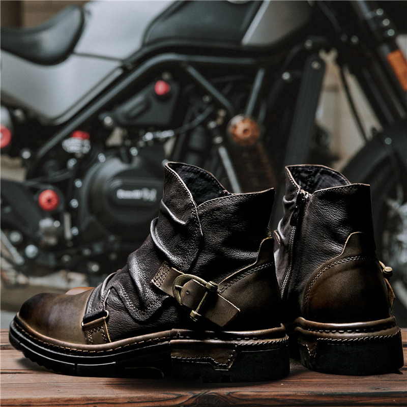 ハーレーのオートバイの夏のライディングマーティンブーツアメリカンレトロメンズシューズアミカーキオートバイレザー冬用パラシュートブーツ