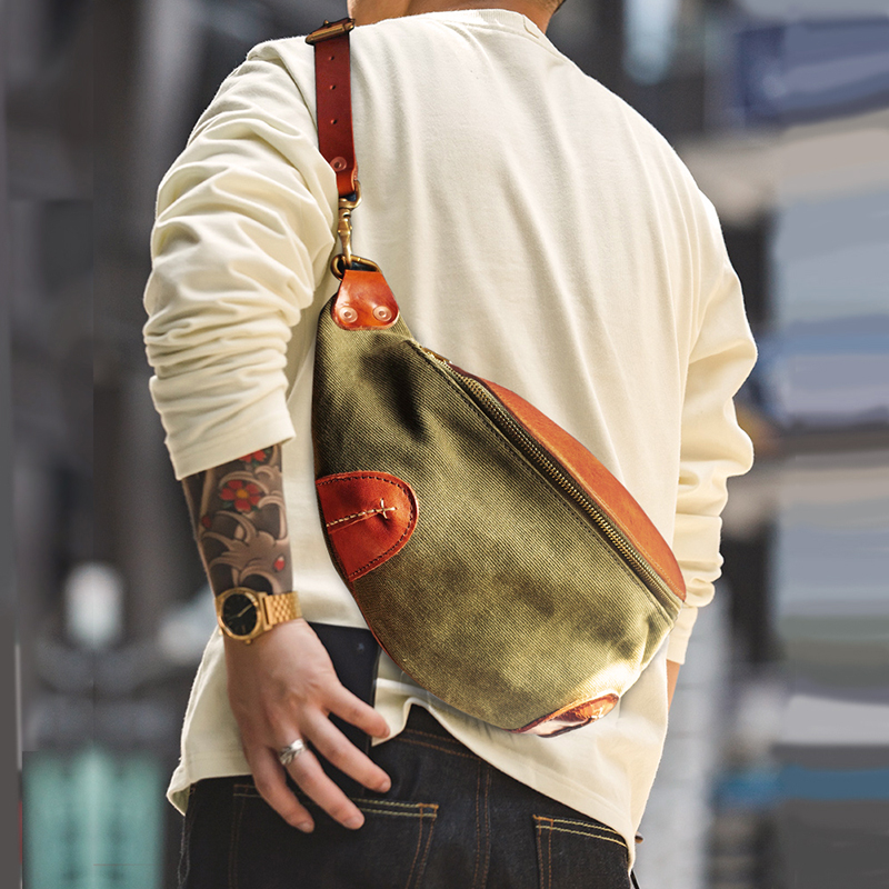 Headlayer Bull Leather Day Style Retro Canvas Genuine leather Large-capacity Inclined Satchel Shoulder Pepper Salt Chest Bag Riding Dumplings for Men-Taobao