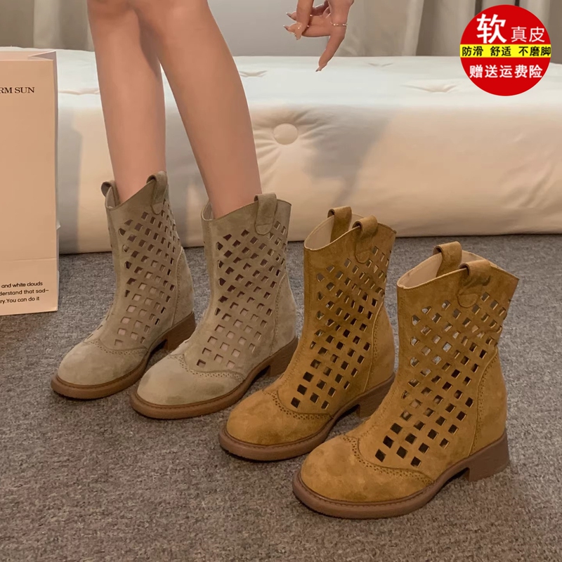 Brand Genuine Leather Short Boots for Women 2026 New Spring and Summer Hollow-Out Sandals Pointed Toe Height-Increasing Boots Western Cowboy Mesh Boots Brand Genuine Leather Short Boots for Women 2026 New Spring and Summer Hollow-Out Sandals Pointed Toe Height-Increasing Boots Western Cowboy Mesh Boots