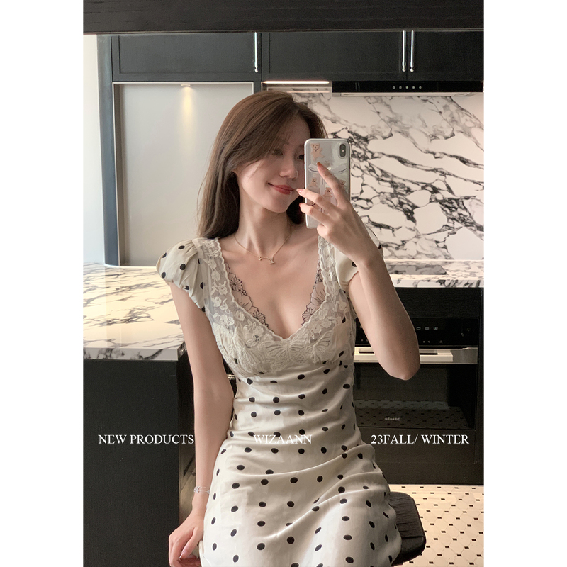 【Wizaann】Birthday Dress Similar to Yu Shuxin'S, French Satin Polka Dot Lace Dress and Tank Top Two-Piece Set