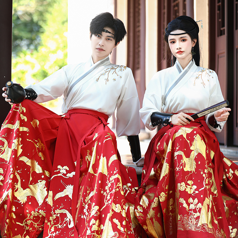 Original Couple's Gold-Stamped Mamian Skirt New Chinese-Style National Wind Stand-Collar Long-Sleeve Top, Ancient Style Men's Everyday Red Hanfu for Women
