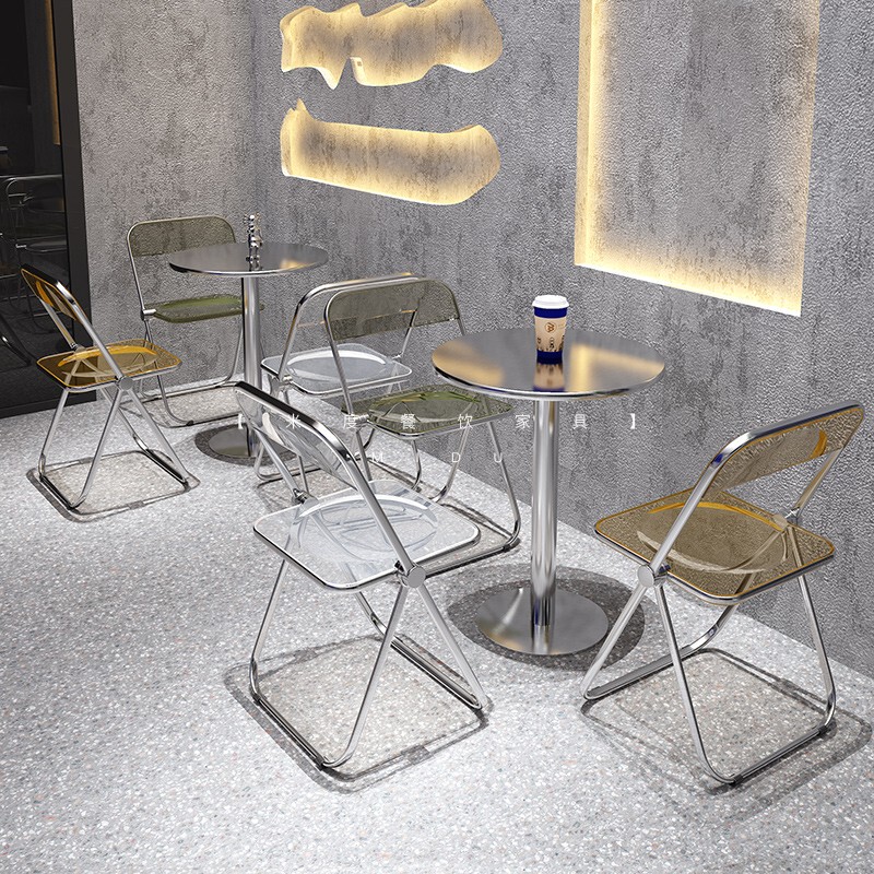 Internet-Famous Milk Tea Dessert Shop Stainless Steel Table and Chair Set Industrial Style Simple Snack Bar Leisure Acrylic Folding Chair