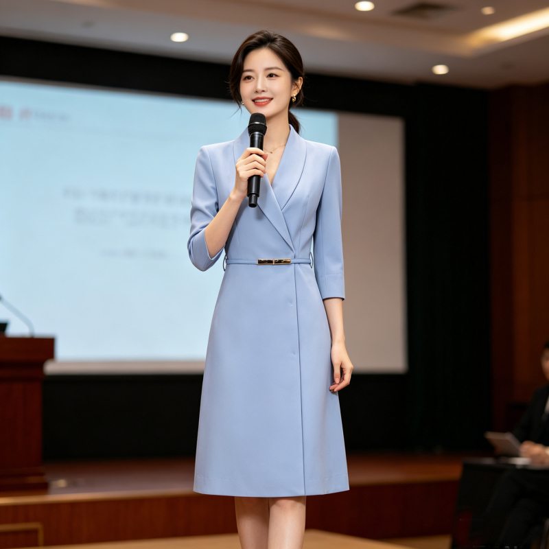 Light Blue Business Attire Dress, Formal Occasion, Light Luxury, High-End Feel, Host Speech Contest Clothing, Suit Dress