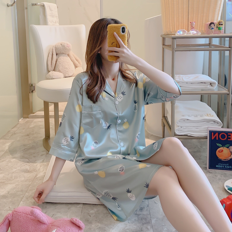 Sleeping Skirt Woman Summer Ice Silk Short Sleeves Plus Obesity Mm Pyjamas Sexy Loose Real Silk Thin and Fragrant Breeze Home Clothing