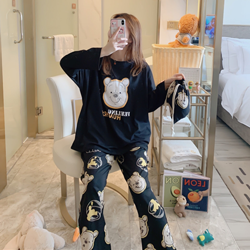 Sleepwear Lady Spring Autumn Season Long Sleeve Pure Cotton Korean Version Student Cute Two Style Suit Sweet And Thin can be worn outside the home clothes