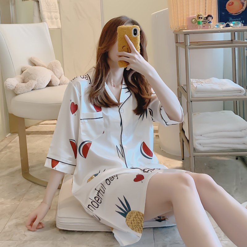 Sleepwear Woman Summer Ice Silk Short Sleeve Sexy Sleeping Dress Korean Version Fresh sweet and cute student thin Genuine Silk Home Conserved