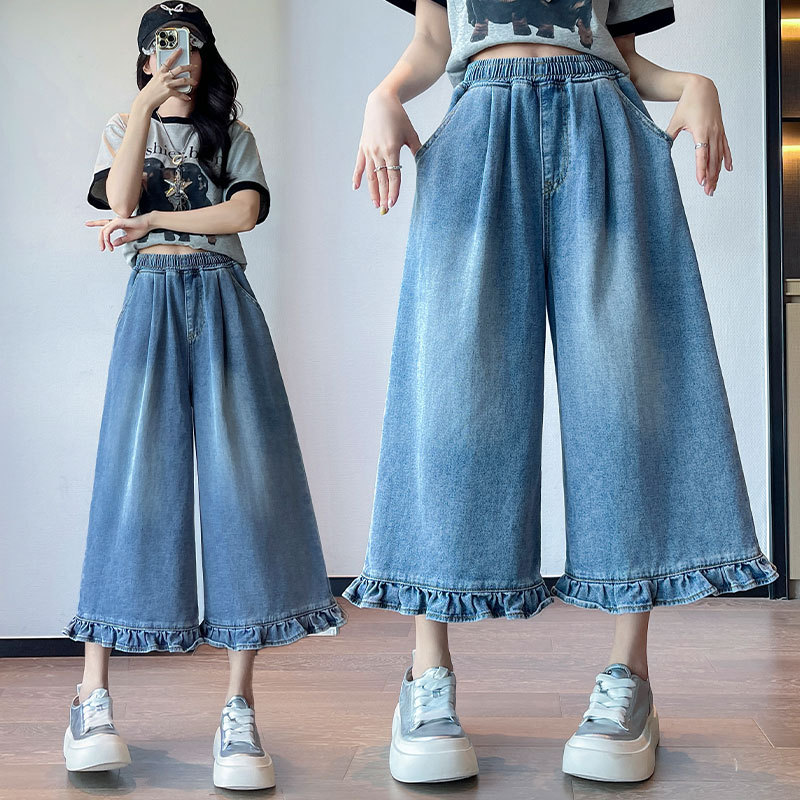 Plus-Size Denim Capri Pants with Ruffled Edges, High-Waisted, Straight-Leg, Wide-Leg, Flattering for Thick Thighs, Slimming Effect, Women's Large Size 100kg