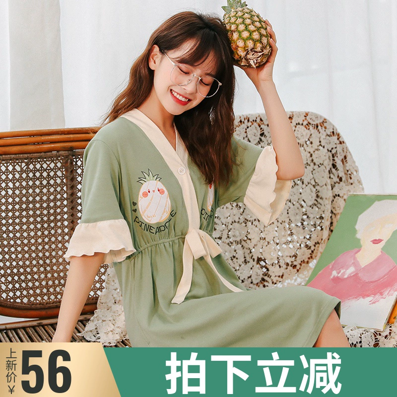 Váy ngủ nữ mùa hè tinh khiết cotton mỏng phần Nhật Bản kimono nửa tay áo ngọt ngào và dễ thương đồ ngủ nữ sinh viên mùa hè dịch vụ tại nhà - Giống cái