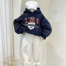 Boys and girls thin sweater 2021 new autumn and winter childrens pullover hooded plus velvet thick sweater foreign style top trendy