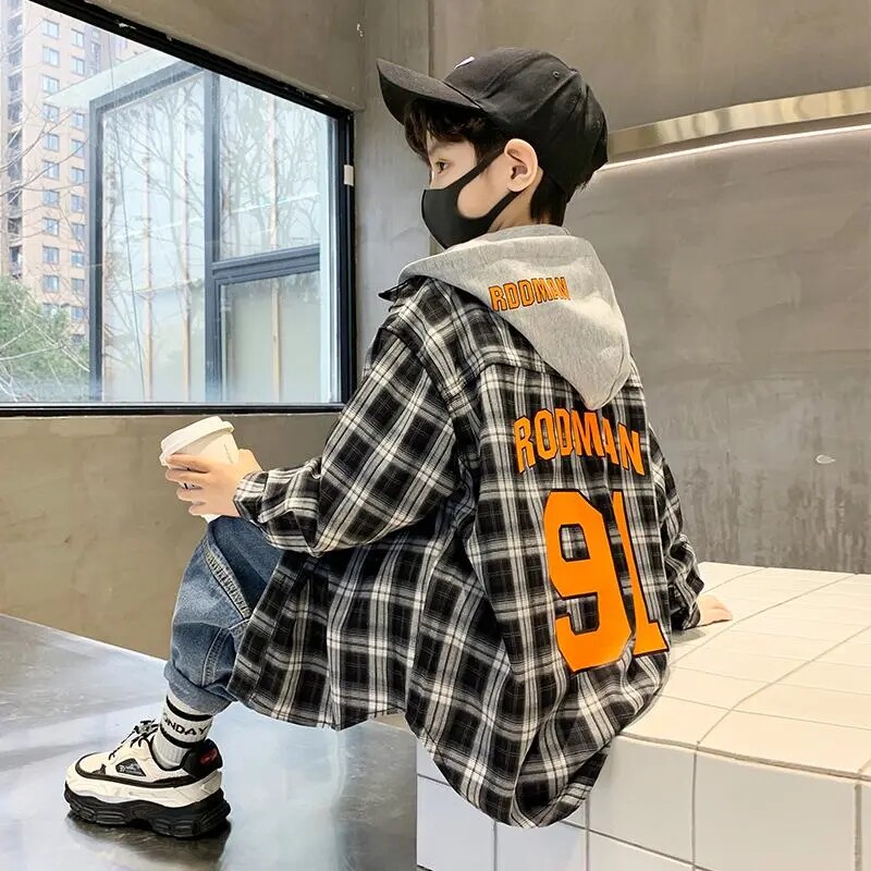 Boy Plaid Shirt Spring Autumn Season 2022 New Children Loose Long Sleeve Shirt CUHK Boy Handsome gas Lianhood jacket