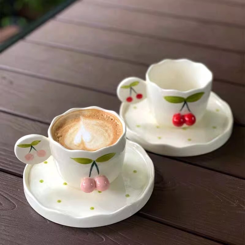 Ceramic Handmade Hand-Painted New Product Cherry Season Cute Three-Dimensional Cherry Cup/Cherry Coffee Cup and Saucer with Free Shipping