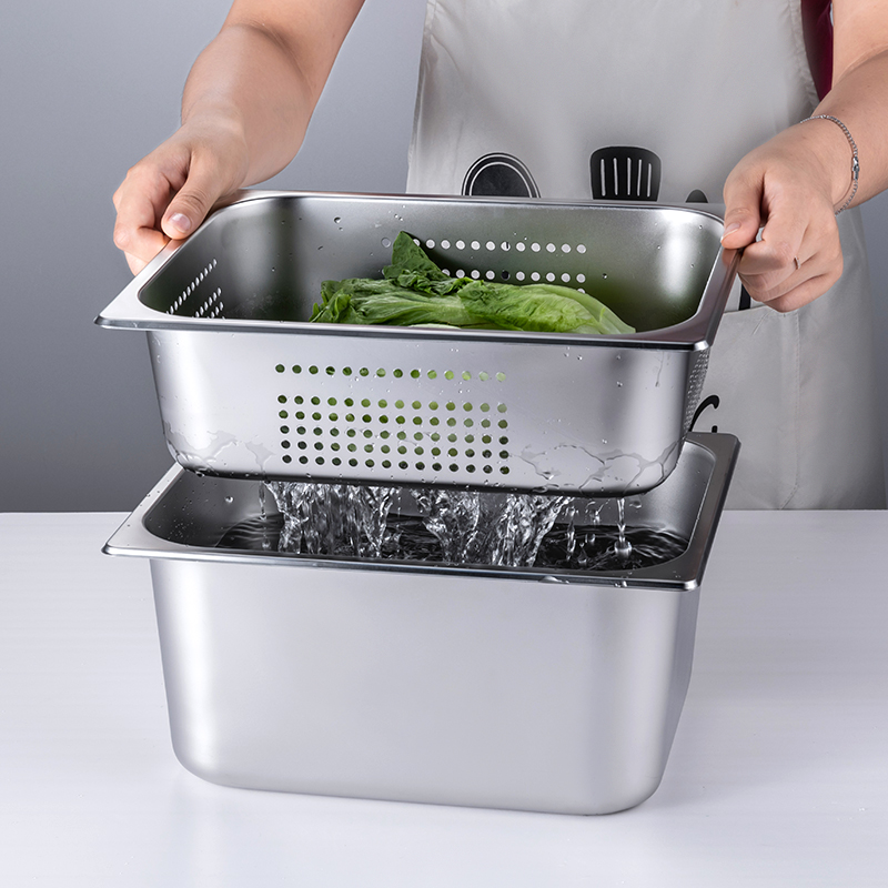 Rectangular stainless steel punched hole parts basin thickened filter basin with hole wash vegetable basin drain with multipurpose buffet drain pan