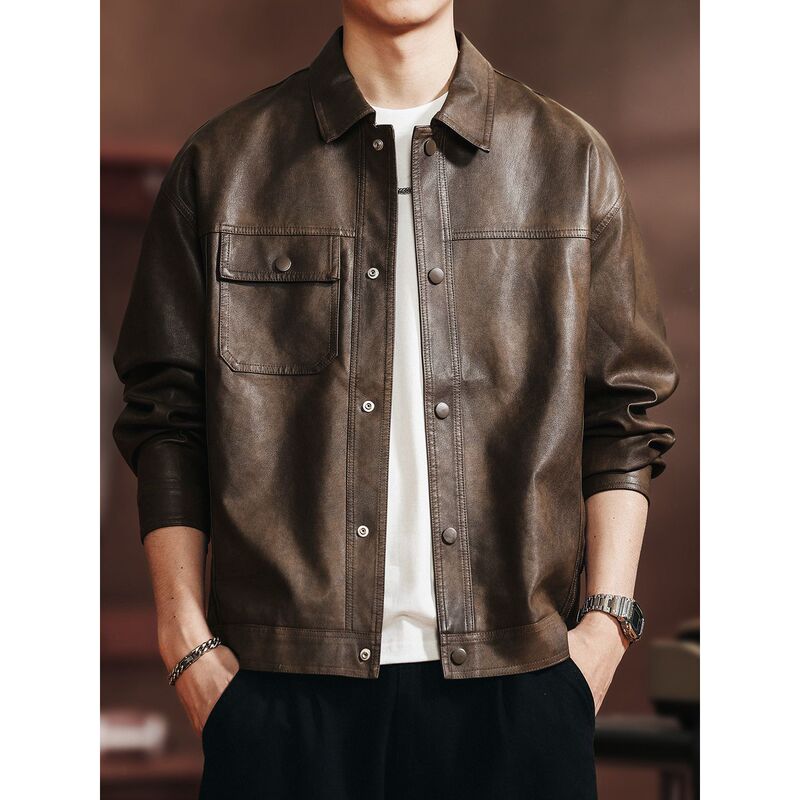 Gelanlu American-Style Outdoor Motorcycle Fashion Trendy Casual Leather Jacket for Men, New Autumn Vintage Cool Jacket