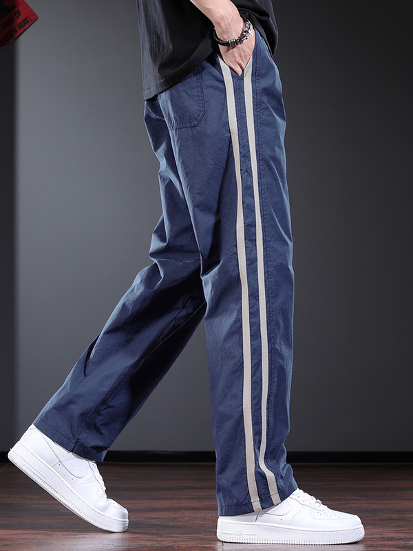 Striped Casual Pants for Men, Summer Thin Style, Unique Design, Loose Straight-Leg Trousers, Trendy Brand, Blue Men's Pants