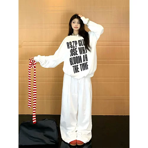 Ретро белый осенний свитшот, лонгслив, в американском стиле, оверсайз, свободный крой