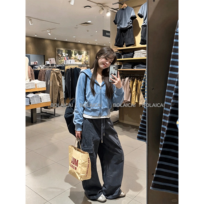 American Retro Washed Blue Zipper Cardigan Hooded Sweatshirt for Women Autum Design Short Outwear Long-Sleeved Top