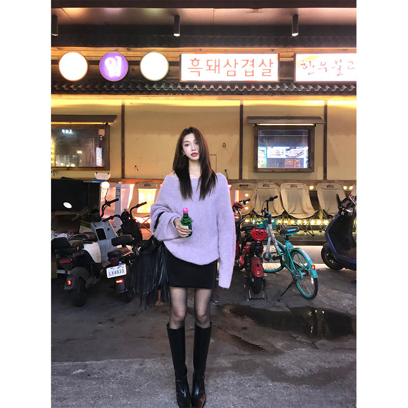 High-End Off-Shoulder Purple Sweater for Women, Autumn and Winter 2026 New Style, Lazy Style, Relaxed Feel, Soft and Loose Knitted Jacket